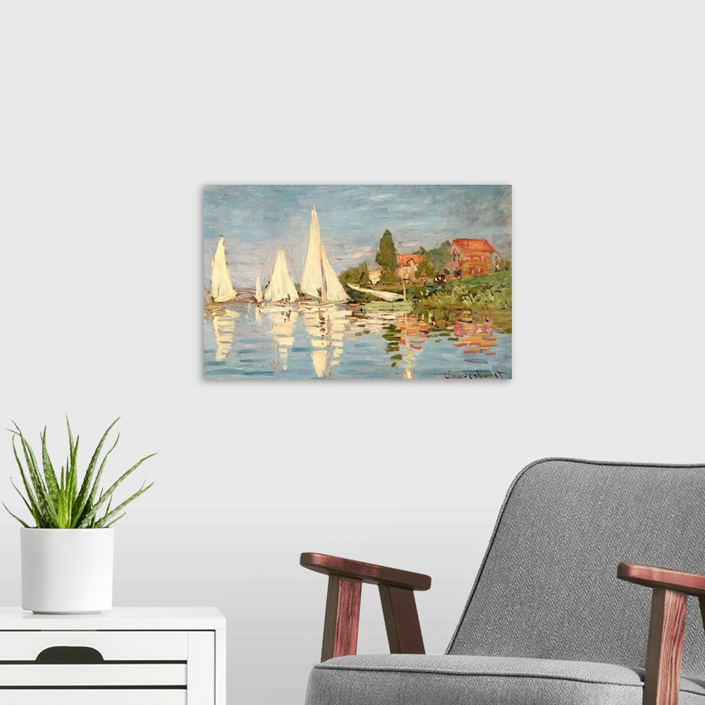 A modern room featuring Classic painting of sail boats just off the shore in the water.  The shore is lined with trees an...