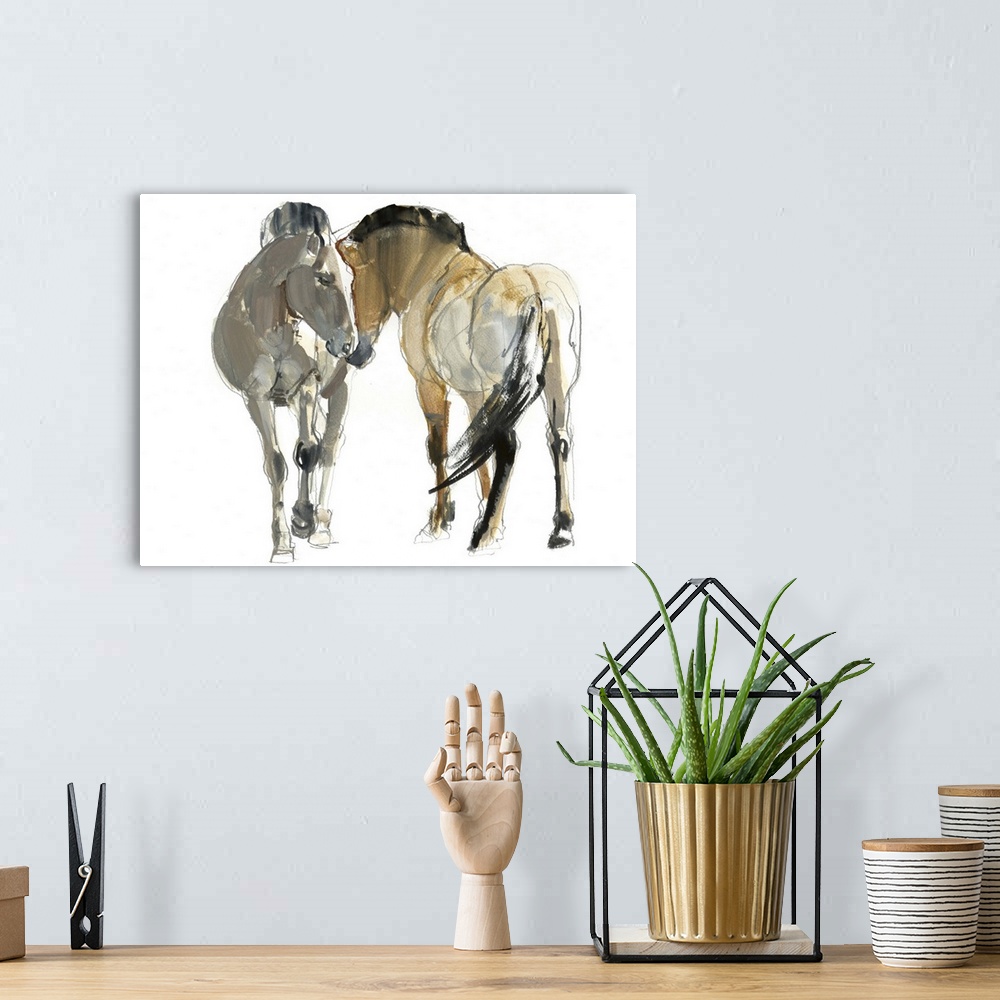 A bohemian room featuring Contemporary artwork of two Mongolian Przewalski horses against a white background.