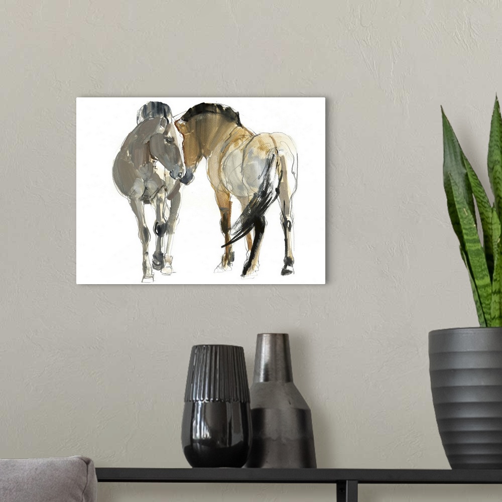 A modern room featuring Contemporary artwork of two Mongolian Przewalski horses against a white background.