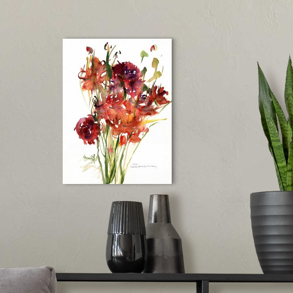A modern room featuring Contemporary floral watercolor painting.