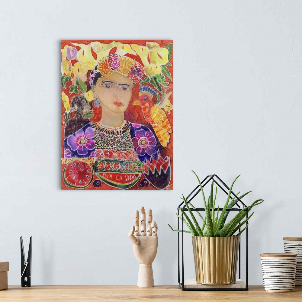 A bohemian room featuring Contemporary portrait of the painter Frida Kahlo.