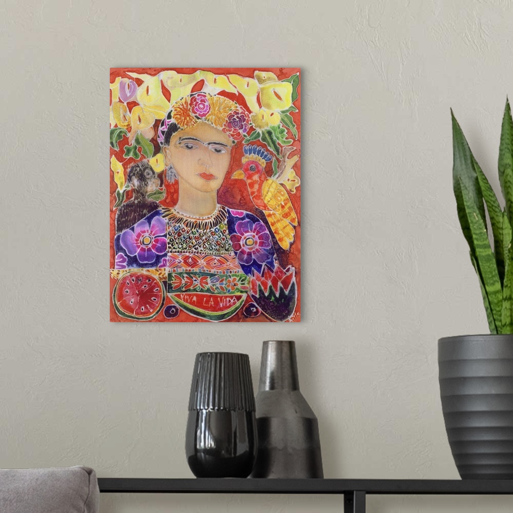 A modern room featuring Contemporary portrait of the painter Frida Kahlo.