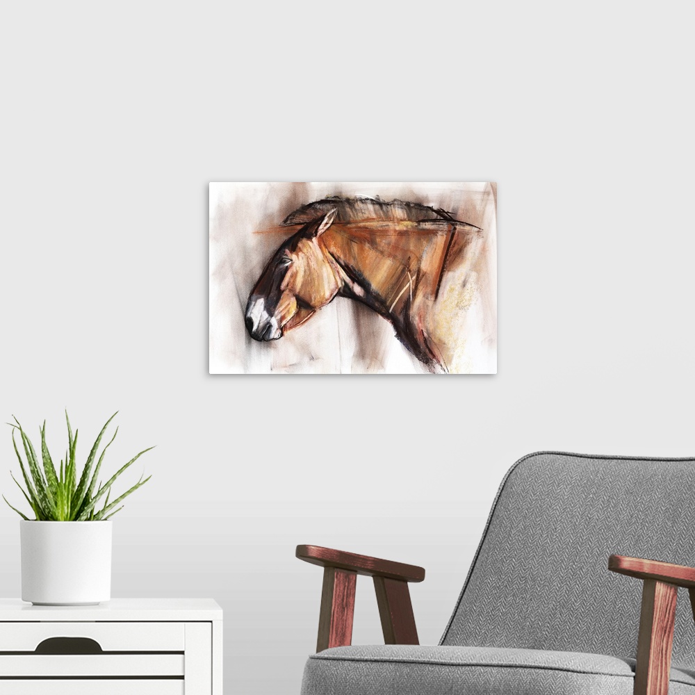 A modern room featuring Resting Horse, 2013, originally pastel and charcoal on paper.