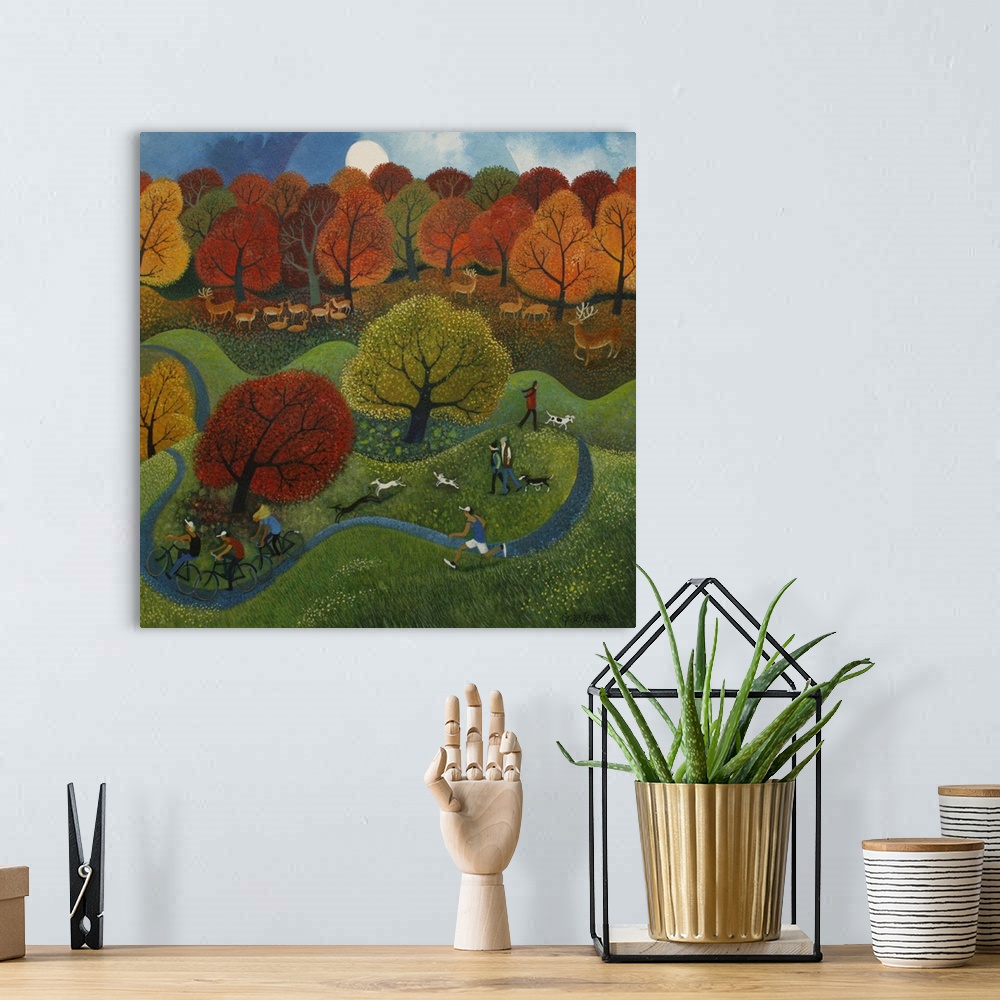 A bohemian room featuring Contemporary painting of dogs running and people on bikes in a park in autumn.