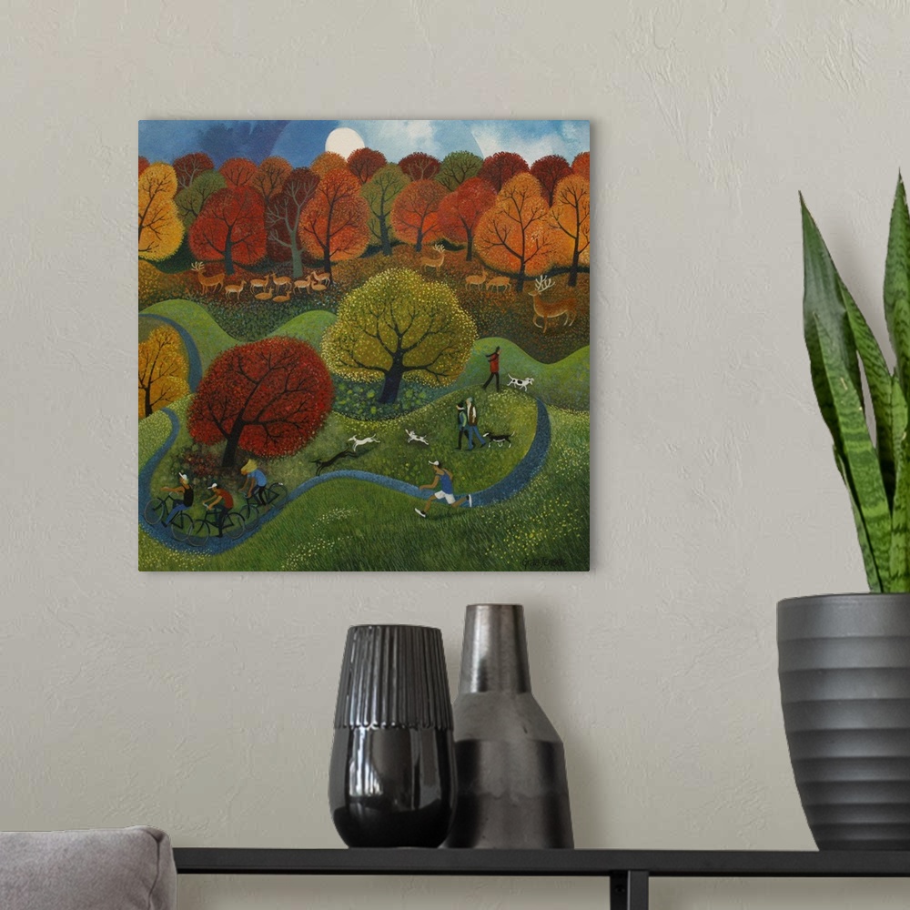 A modern room featuring Contemporary painting of dogs running and people on bikes in a park in autumn.