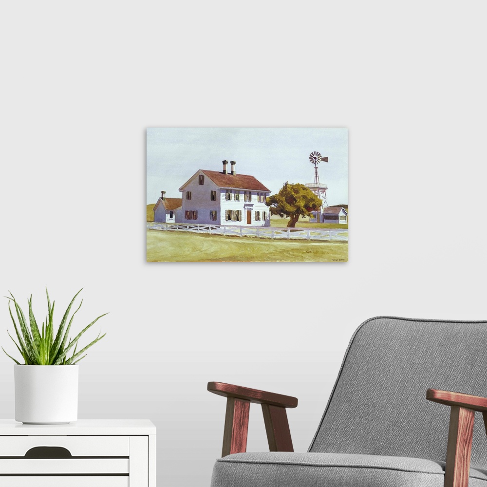 A modern room featuring Painting of a white house with two chimneys in Cape Cod, Massachusetts with a single tree in the ...