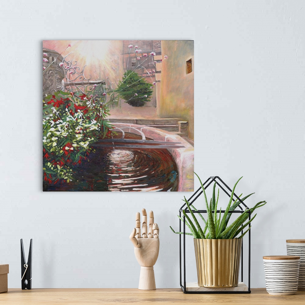 A bohemian room featuring Contemporary painting of garden fountain.