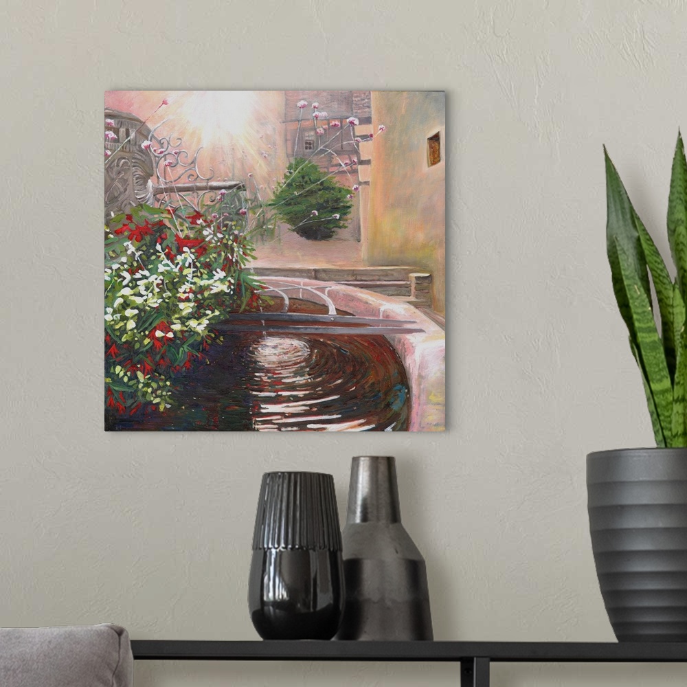 A modern room featuring Contemporary painting of garden fountain.