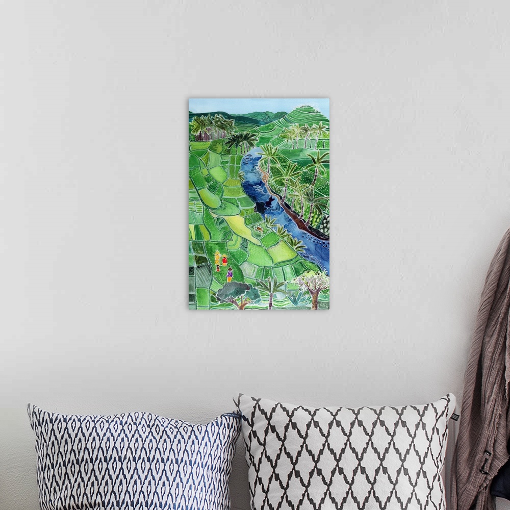A bohemian room featuring Contemporary painting of a river flowing through a valley of agricultural fields.