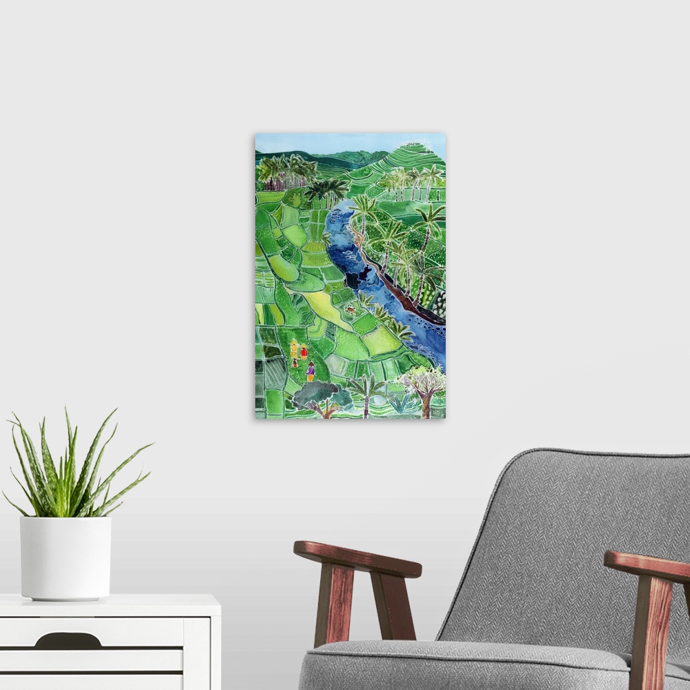 A modern room featuring Contemporary painting of a river flowing through a valley of agricultural fields.