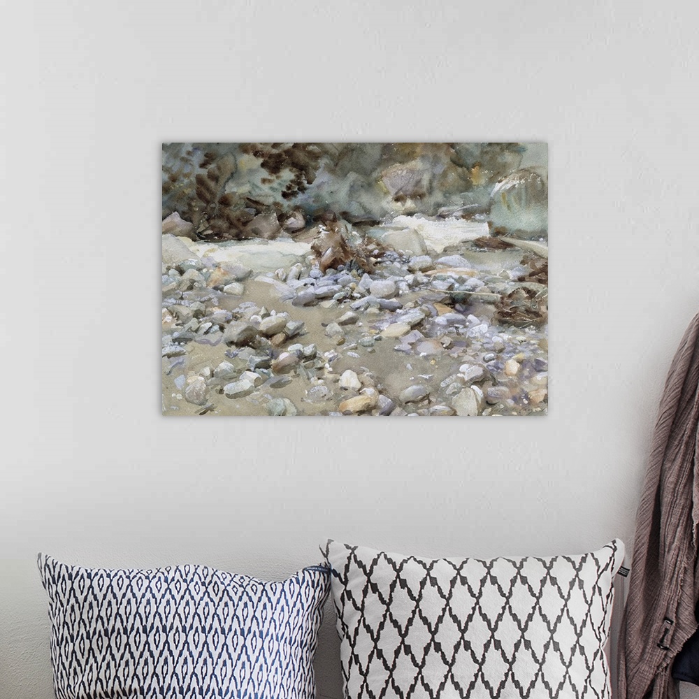 A bohemian room featuring Watercolor painting of rocks of different sizes and colors laying along a riverbed.