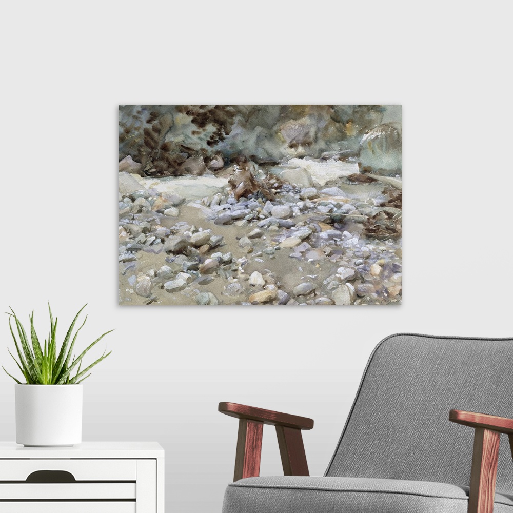 A modern room featuring Watercolor painting of rocks of different sizes and colors laying along a riverbed.