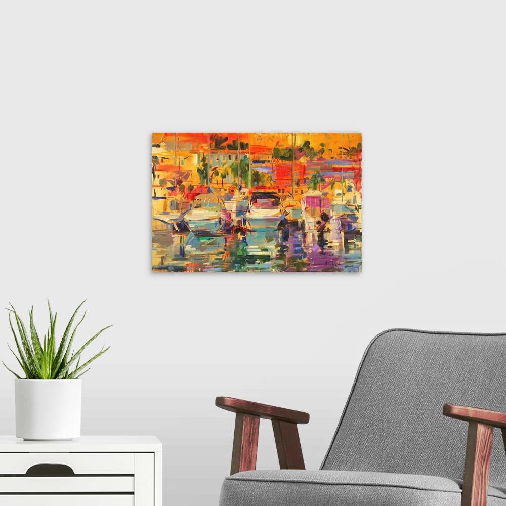 A modern room featuring Riviera Harbour Sun (originally oil on canvas) by Graham, Peter
