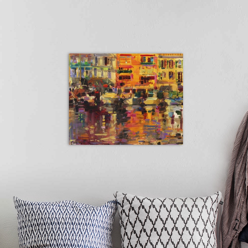 A bohemian room featuring Contemporary abstract painting depicting a canal lined with boats and tall buildings in the backg...