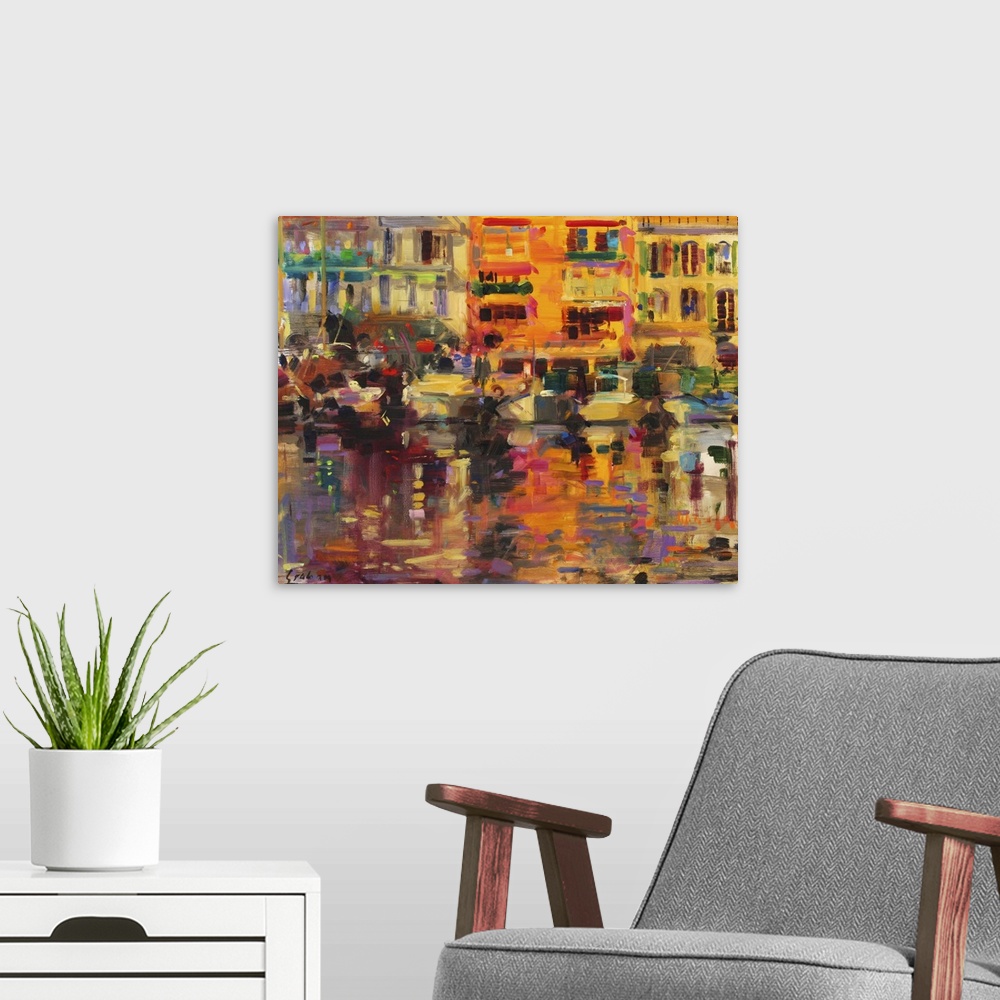 A modern room featuring Contemporary abstract painting depicting a canal lined with boats and tall buildings in the backg...