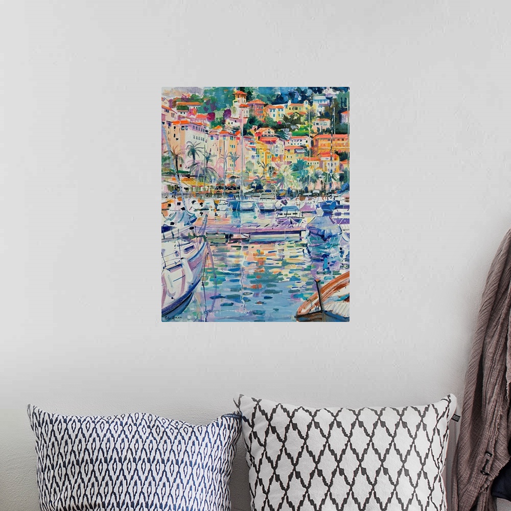 A bohemian room featuring Colorful contemporary oil painting of a Mediterranean harbor filled with sailboats with city in t...