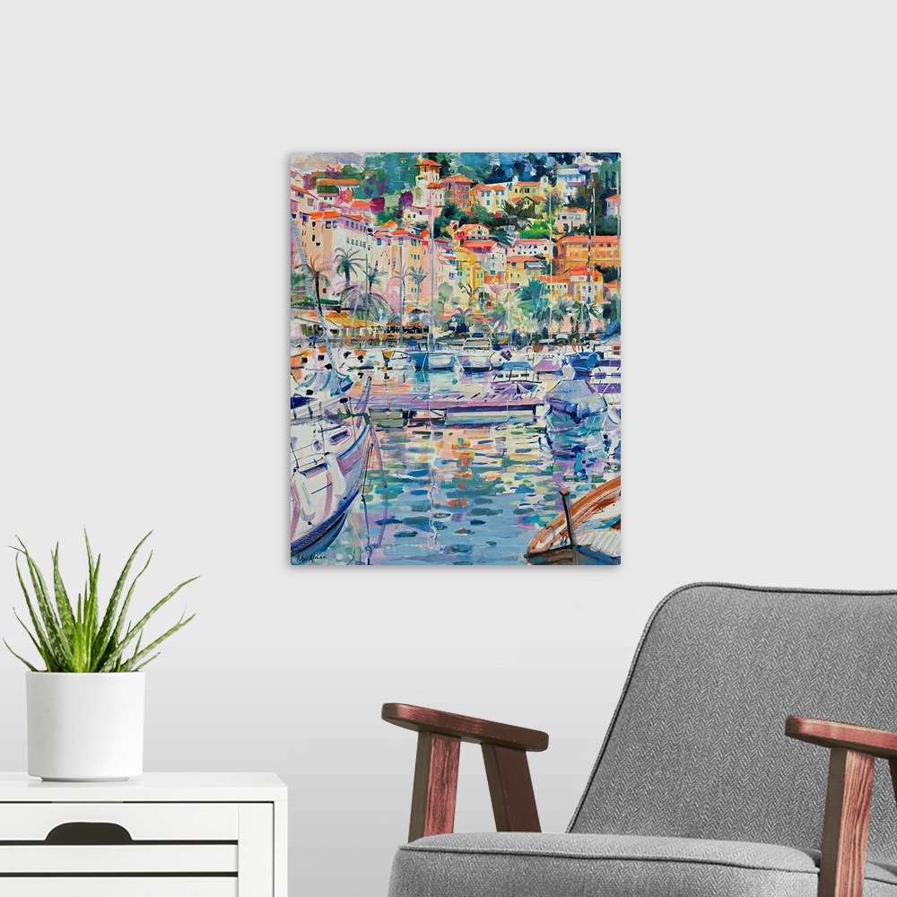 A modern room featuring Colorful contemporary oil painting of a Mediterranean harbor filled with sailboats with city in t...