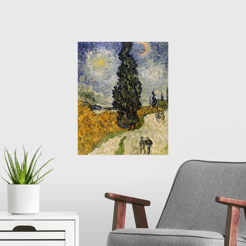 A modern room featuring BAL3752 Road with Cypresses, 1890 (oil on canvas)  by Gogh, Vincent van (1853-90); 92x73 cm; Rijk...