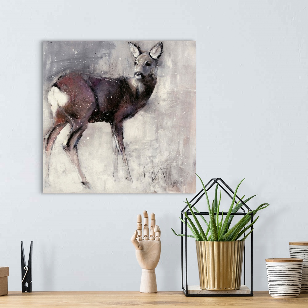 A bohemian room featuring Contemporary wildlife painting of a female deer in the winter.