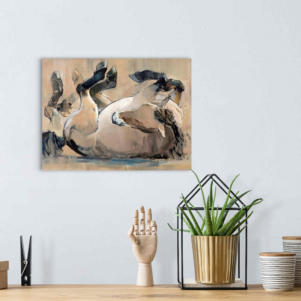 A bohemian room featuring Contemporary artwork of a Mongolian Przewalski horse rolling around on its back against an earthy...