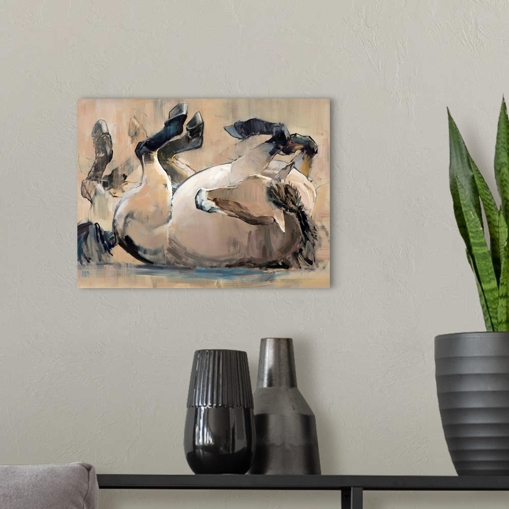 A modern room featuring Contemporary artwork of a Mongolian Przewalski horse rolling around on its back against an earthy...