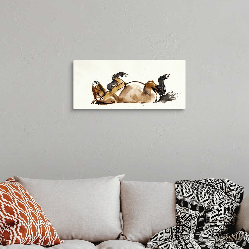 A bohemian room featuring Contemporary painting of a Mongolian Przewalski horse rolling around on its back against a white ...