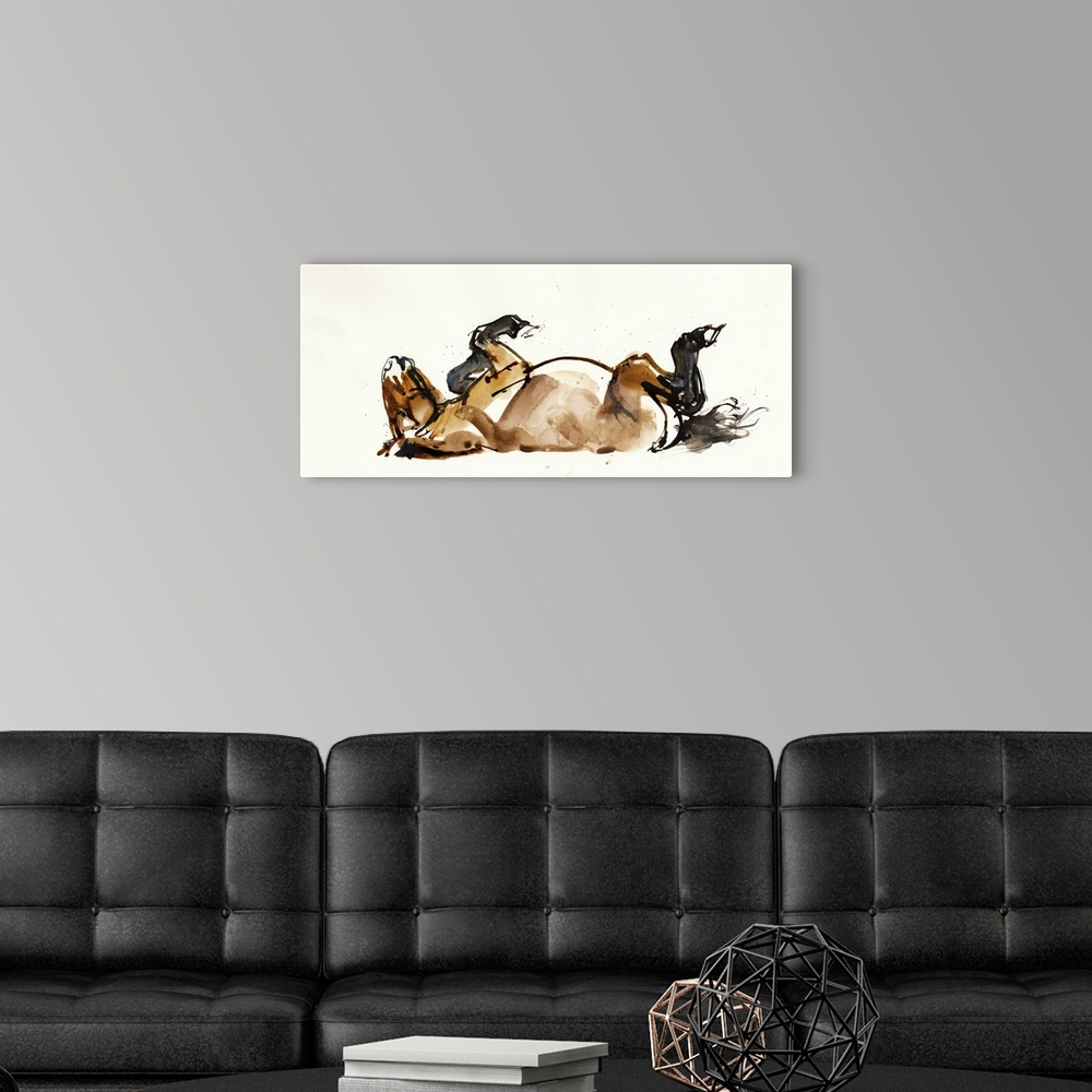 A modern room featuring Contemporary painting of a Mongolian Przewalski horse rolling around on its back against a white ...