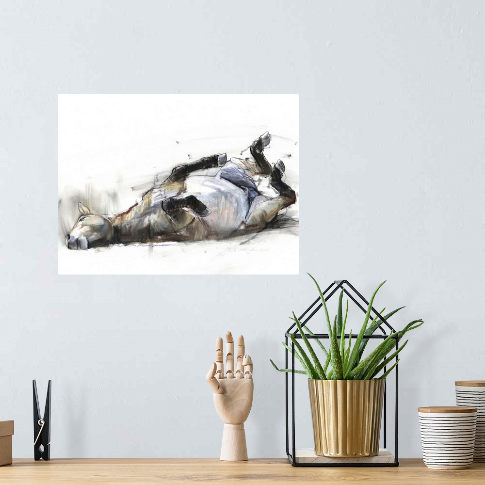 A bohemian room featuring Contemporary artwork of a Mongolian Przewalski horse rolling on its back against a white background.