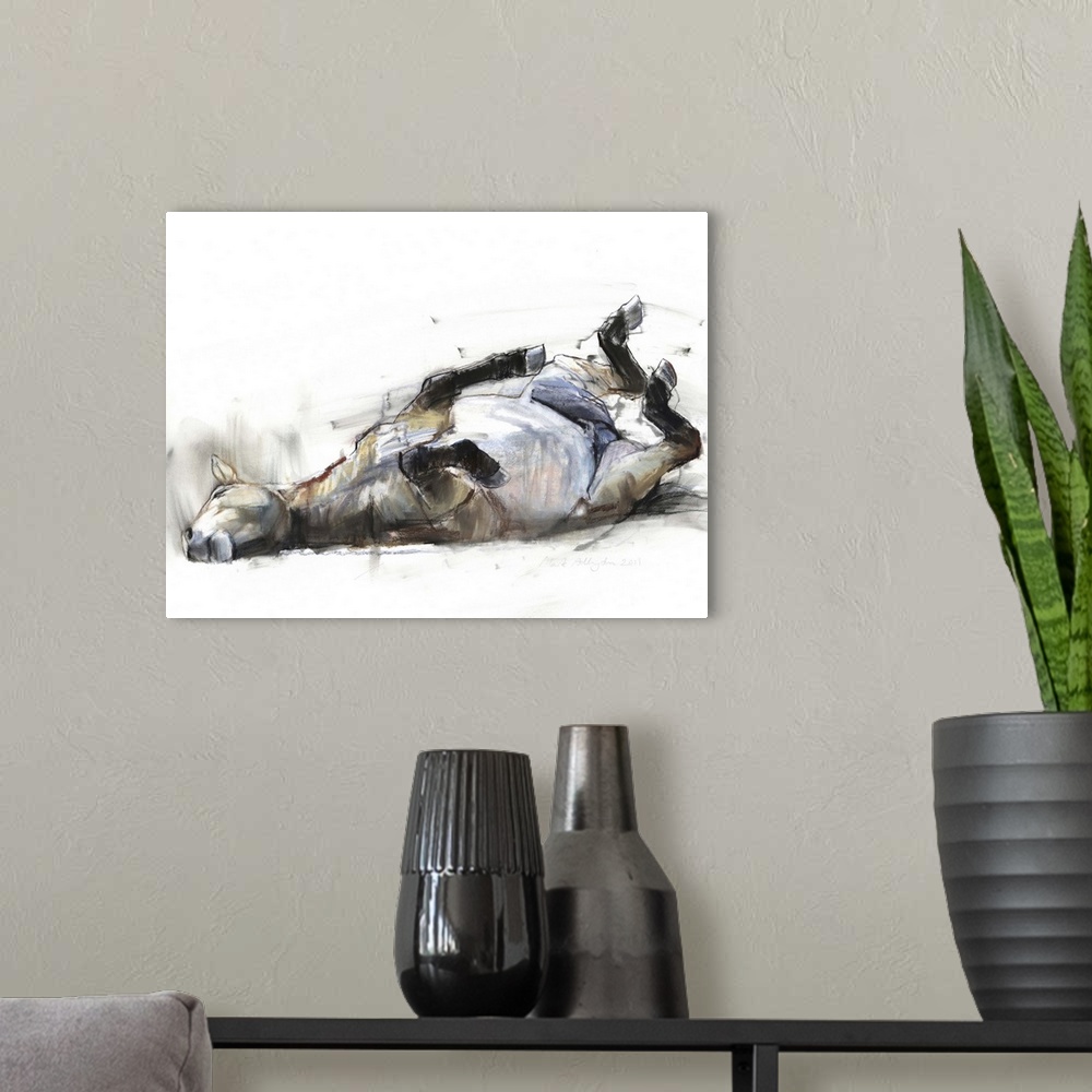 A modern room featuring Contemporary artwork of a Mongolian Przewalski horse rolling on its back against a white background.