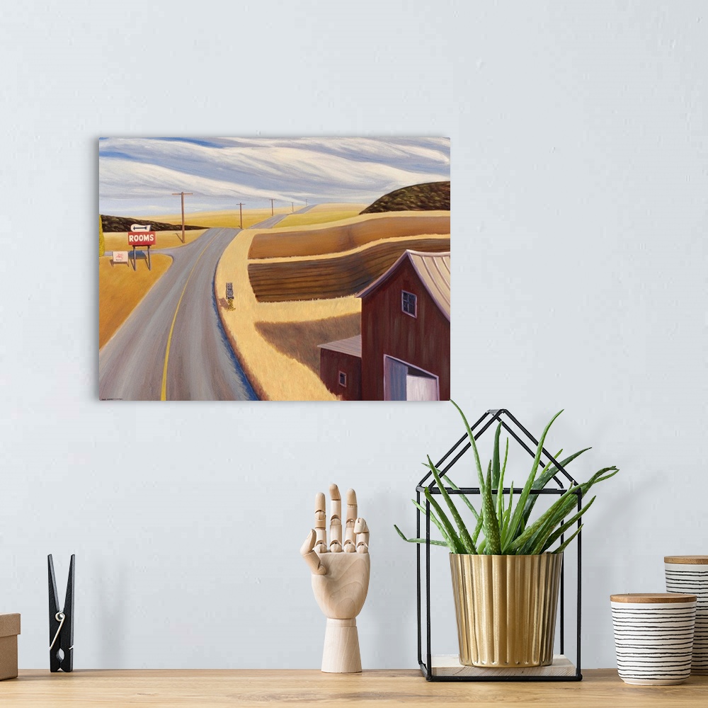 A bohemian room featuring Contemporary painting of a barn and a motel sign along the side of a country road.