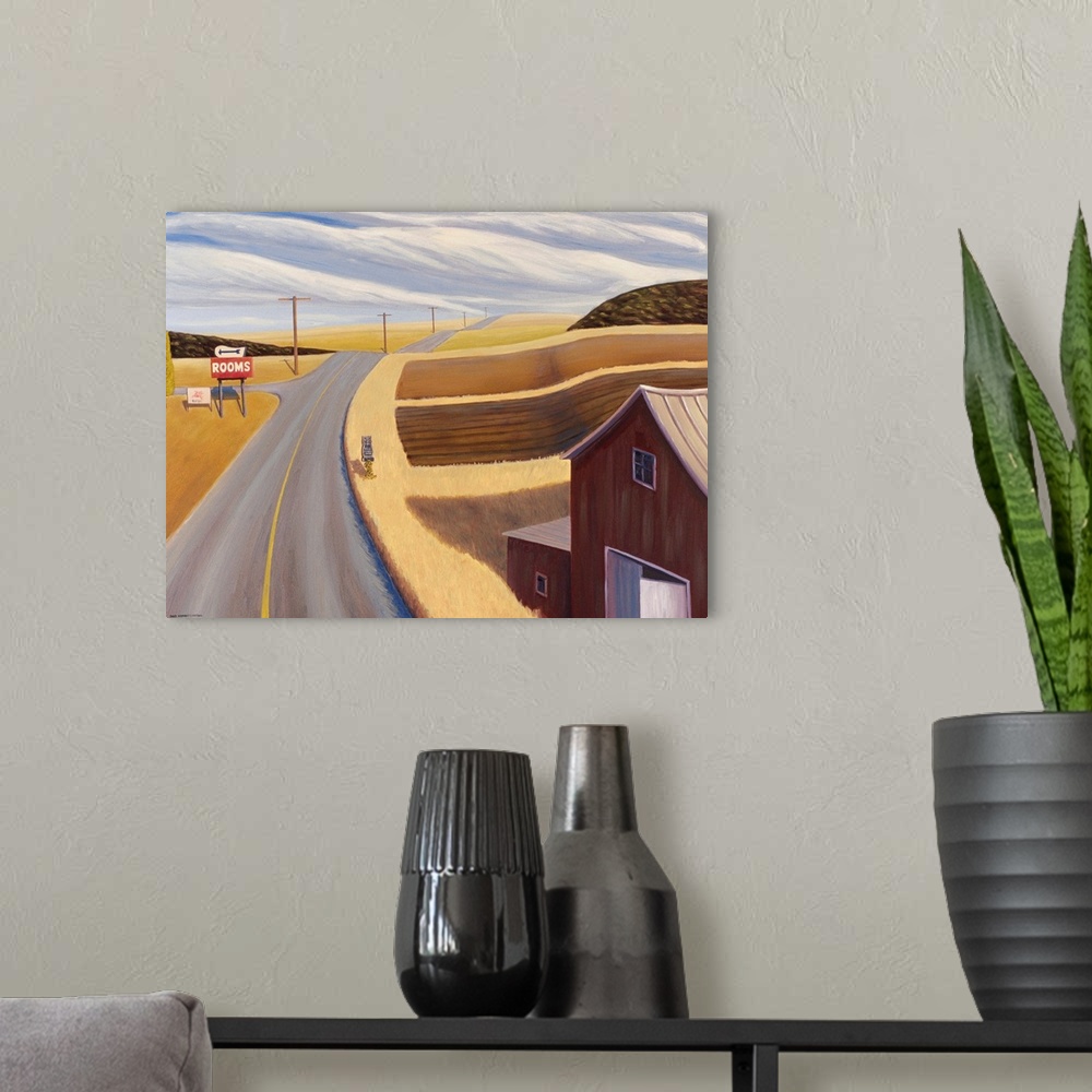 A modern room featuring Contemporary painting of a barn and a motel sign along the side of a country road.