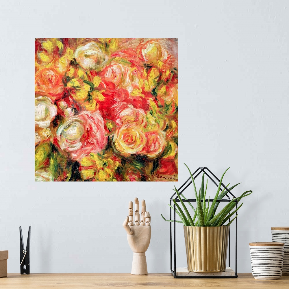 A bohemian room featuring Oil painting on canvas of a bunch of warm toned roses.