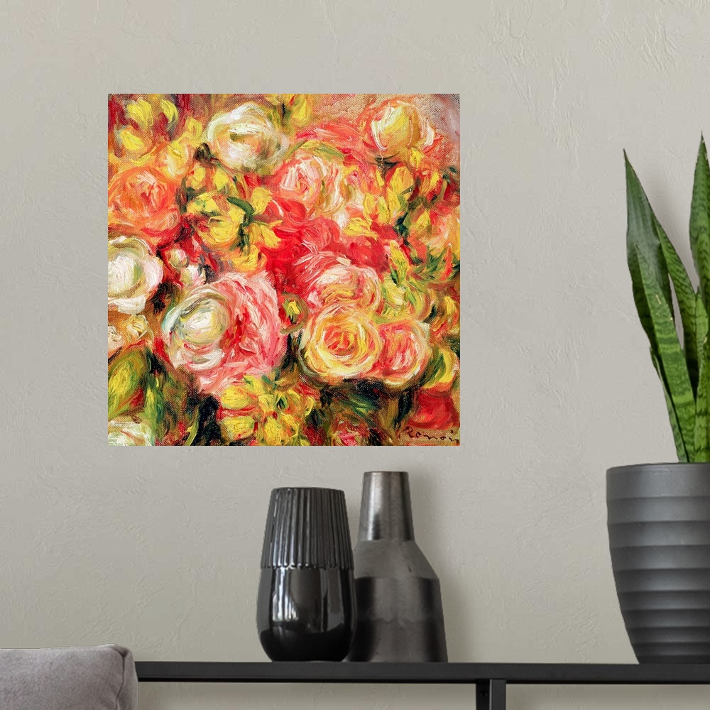 A modern room featuring Oil painting on canvas of a bunch of warm toned roses.