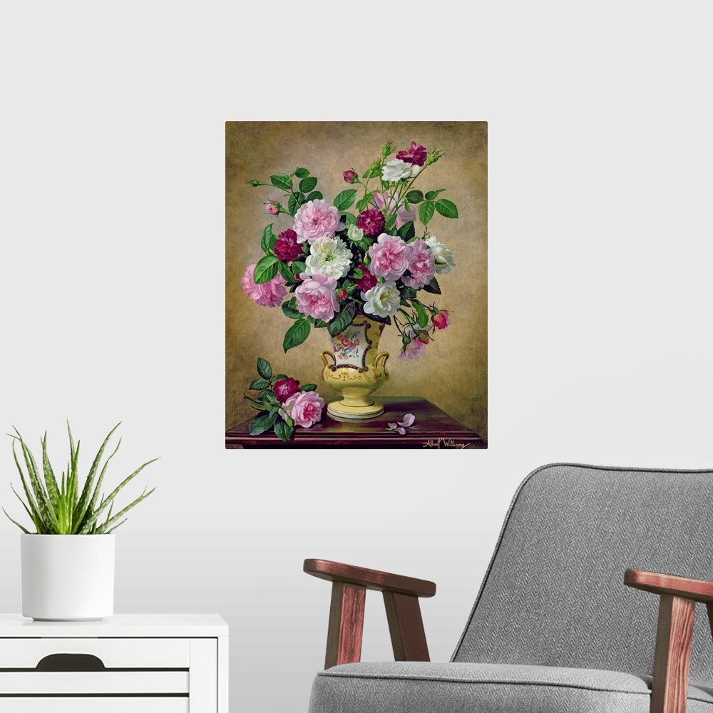 A modern room featuring Roses and dahlias in a ceramic vase