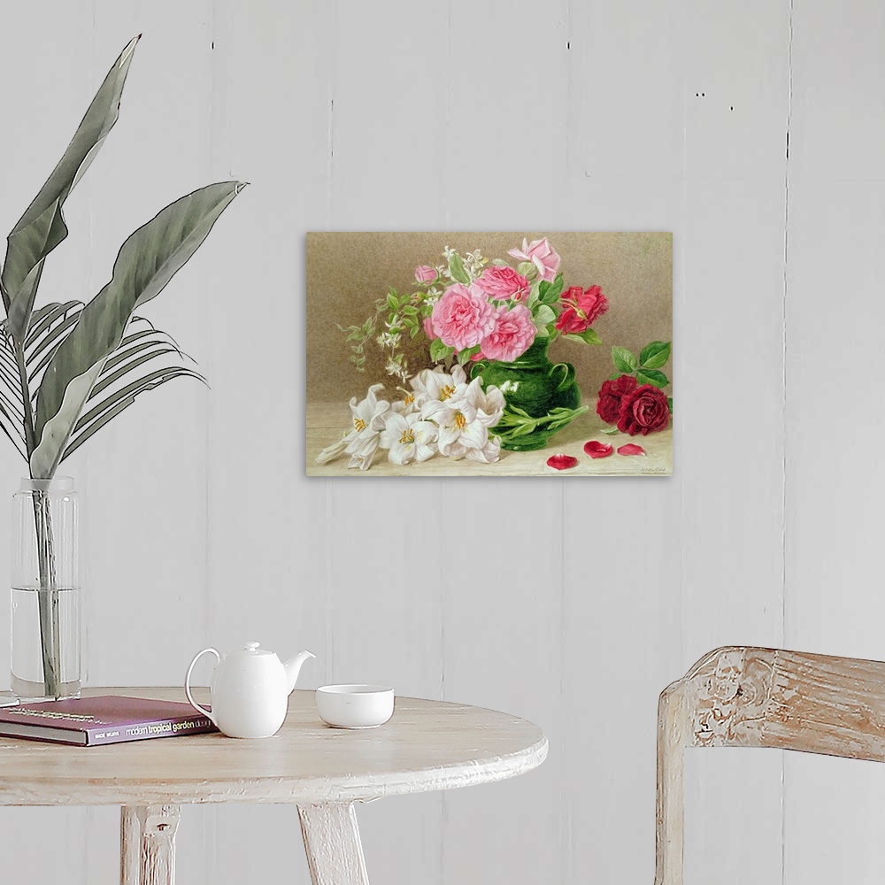 A farmhouse room featuring Traditional watercolor painting of flowers in a vase surrounded by additional flowers and petals ...