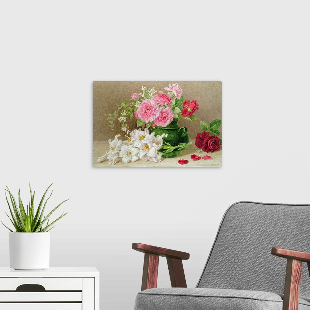 A modern room featuring Traditional watercolor painting of flowers in a vase surrounded by additional flowers and petals ...