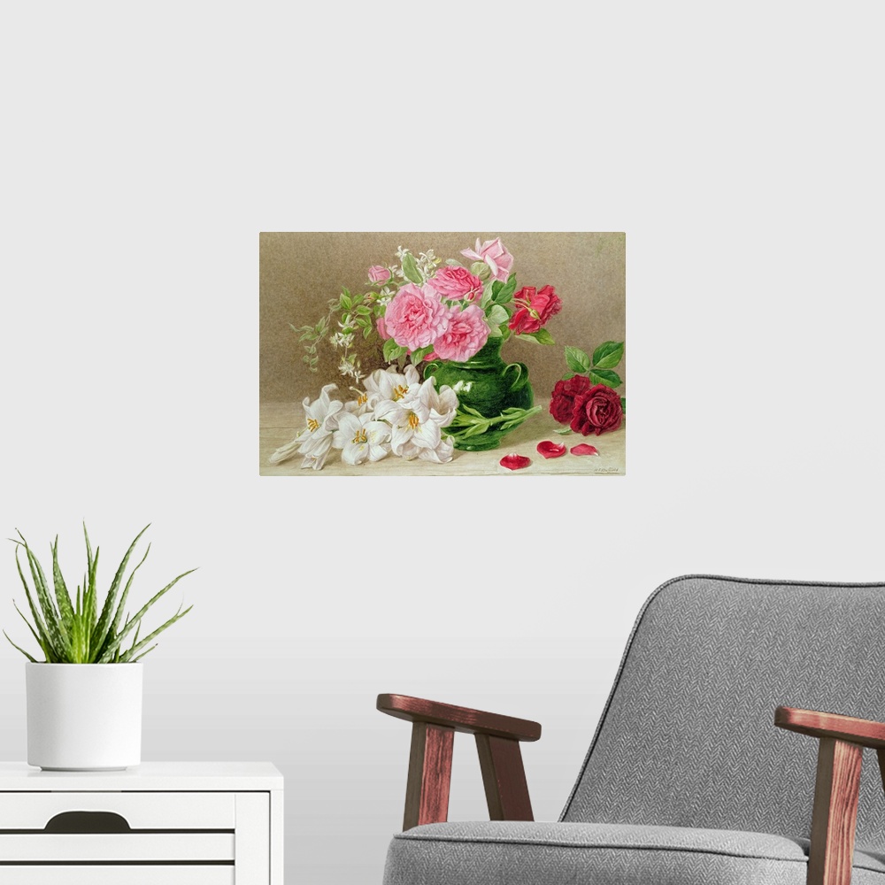 A modern room featuring Traditional watercolor painting of flowers in a vase surrounded by additional flowers and petals ...