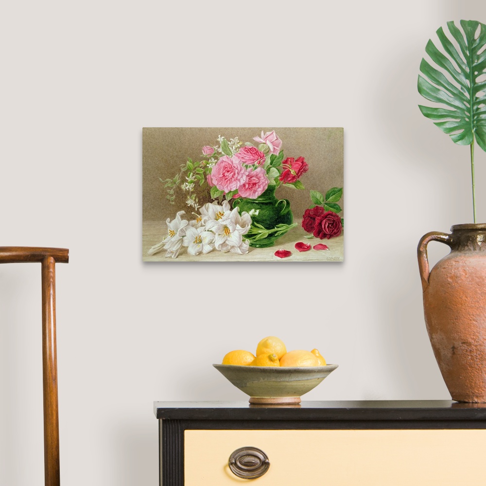 A traditional room featuring Traditional watercolor painting of flowers in a vase surrounded by additional flowers and petals ...