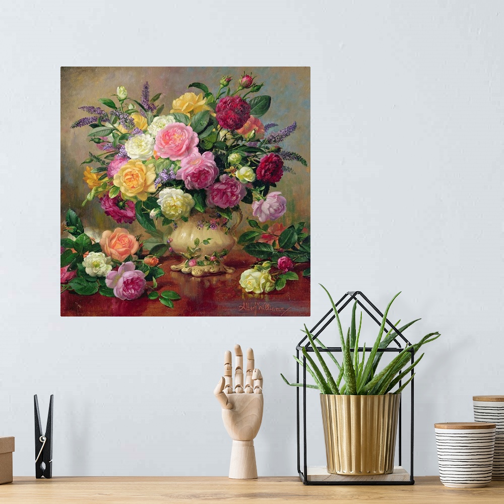 A bohemian room featuring Huge floral painting shows an arrangement of various colorful roses from a garden sitting in a va...