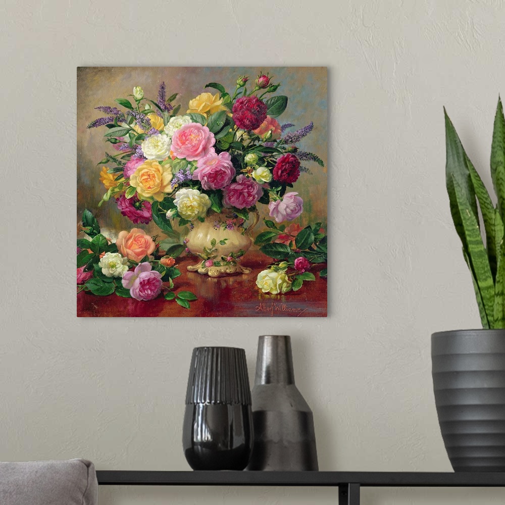 A modern room featuring Huge floral painting shows an arrangement of various colorful roses from a garden sitting in a va...