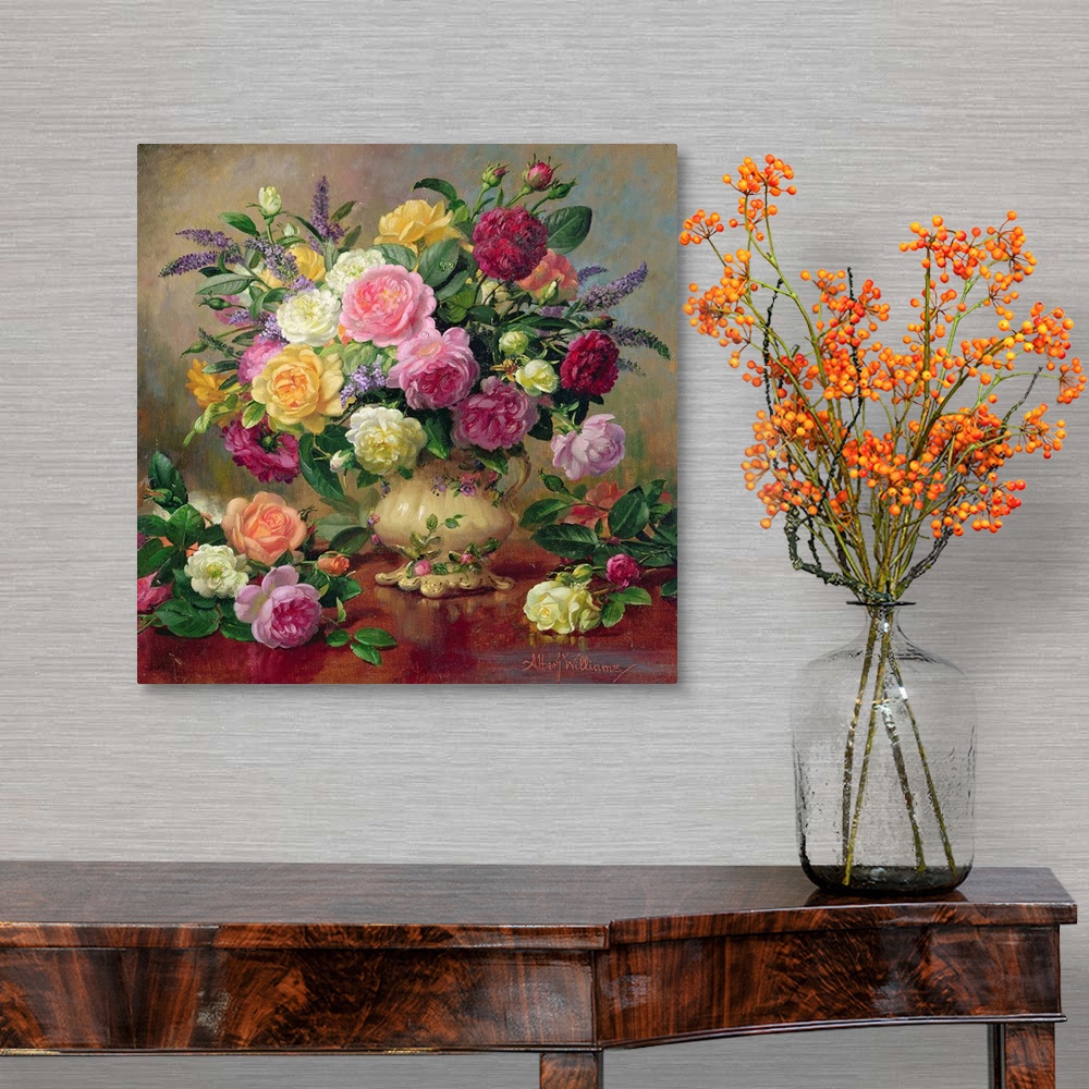 A traditional room featuring Huge floral painting shows an arrangement of various colorful roses from a garden sitting in a va...