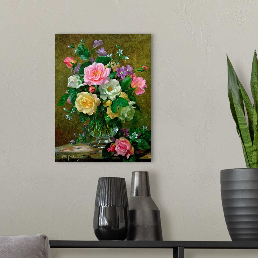 A modern room featuring Roses in a glass vase