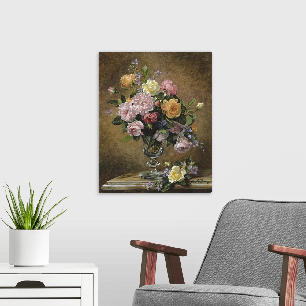 A modern room featuring Roses In A Glass Vase