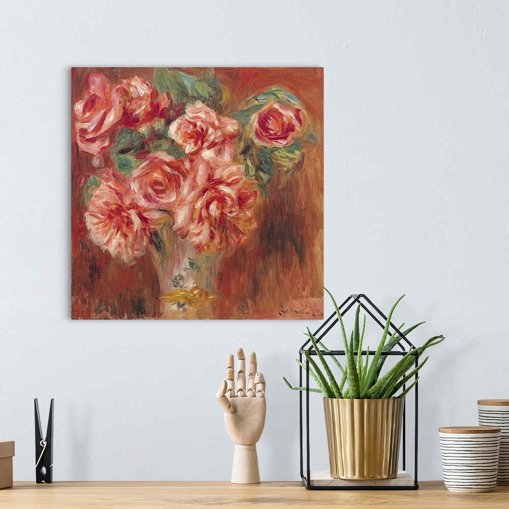 A bohemian room featuring Giant, landscape, classic floral painting of large, full roses and leaves in a vase, on a  warm b...