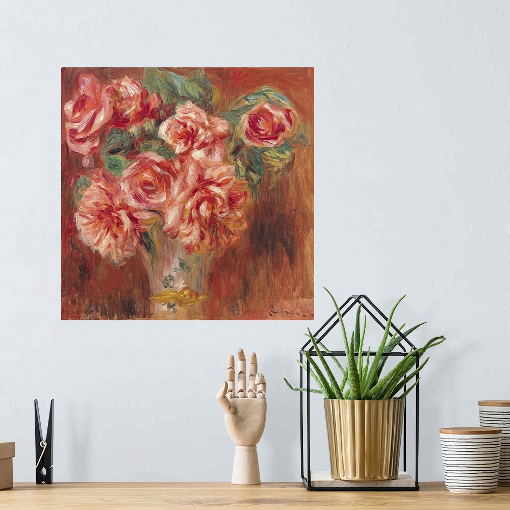 A bohemian room featuring Giant, landscape, classic floral painting of large, full roses and leaves in a vase, on a  warm b...