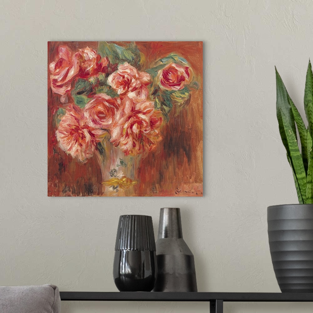 A modern room featuring Giant, landscape, classic floral painting of large, full roses and leaves in a vase, on a  warm b...