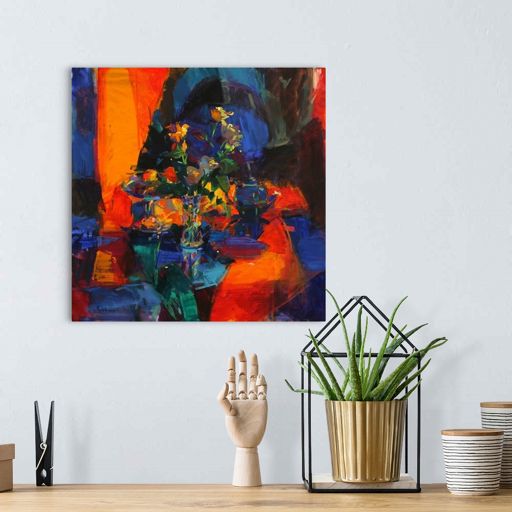 A bohemian room featuring Roses on a Blue Ground, originally oil on canvas.