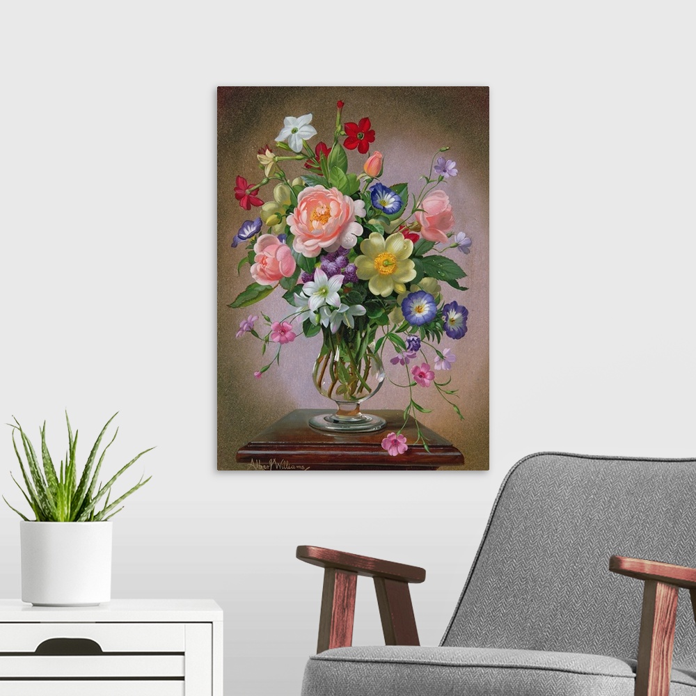 A modern room featuring Roses, Peonies and Freesias in a glass vase