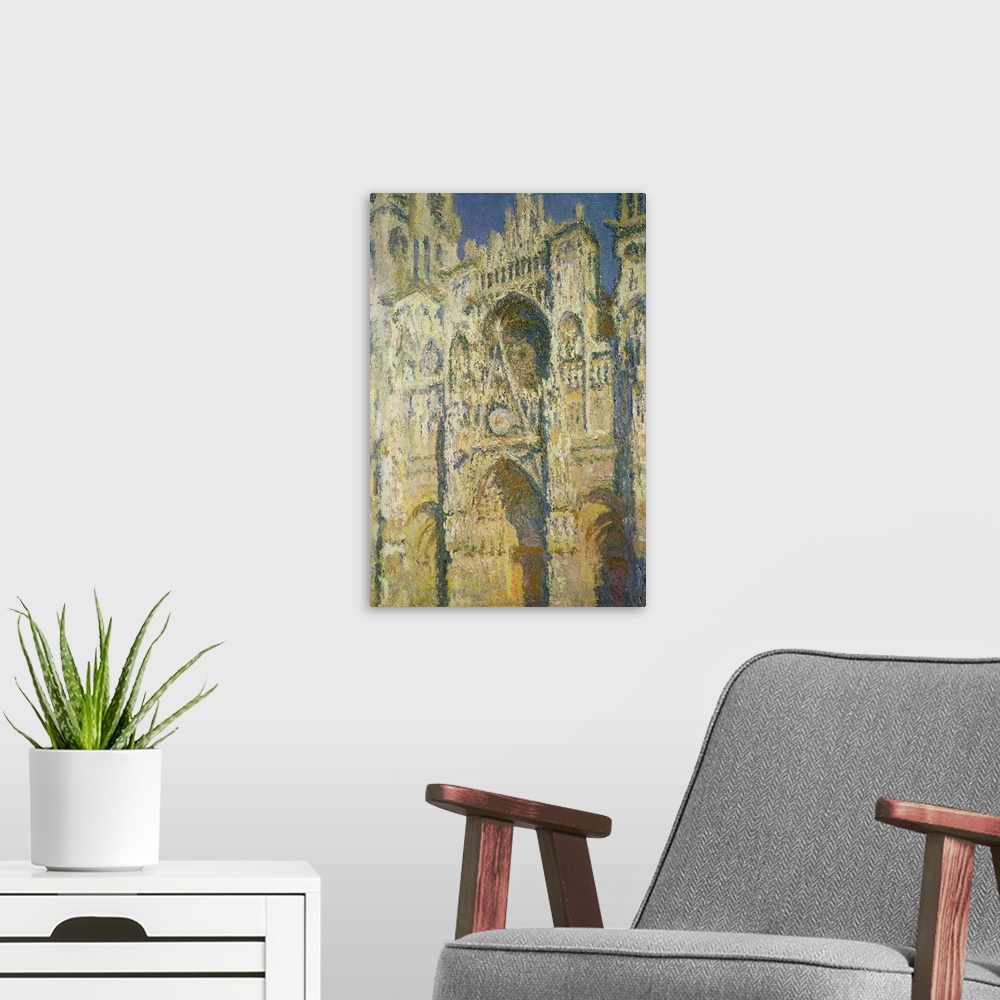 A modern room featuring Classic artwork of a painted cathedral that shows different textures.