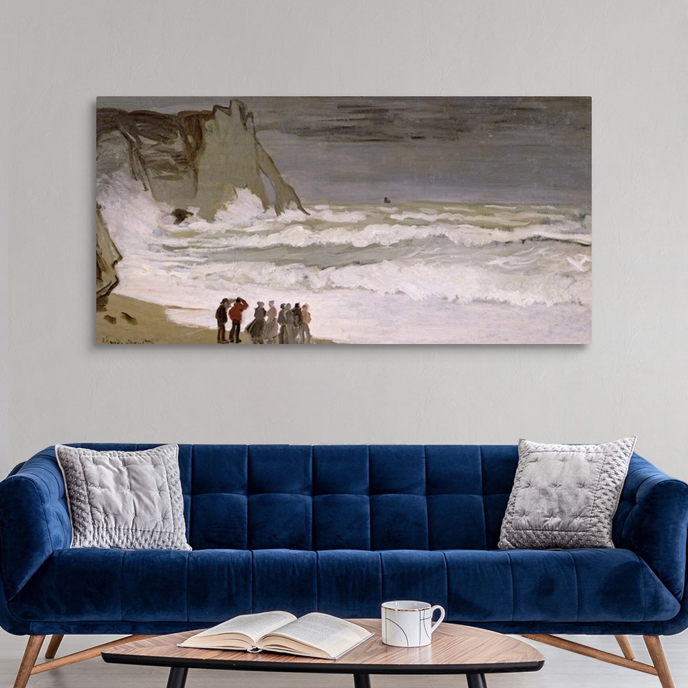 A modern room featuring Painting of people standing at water's edge and watching the waves comes crashing in.